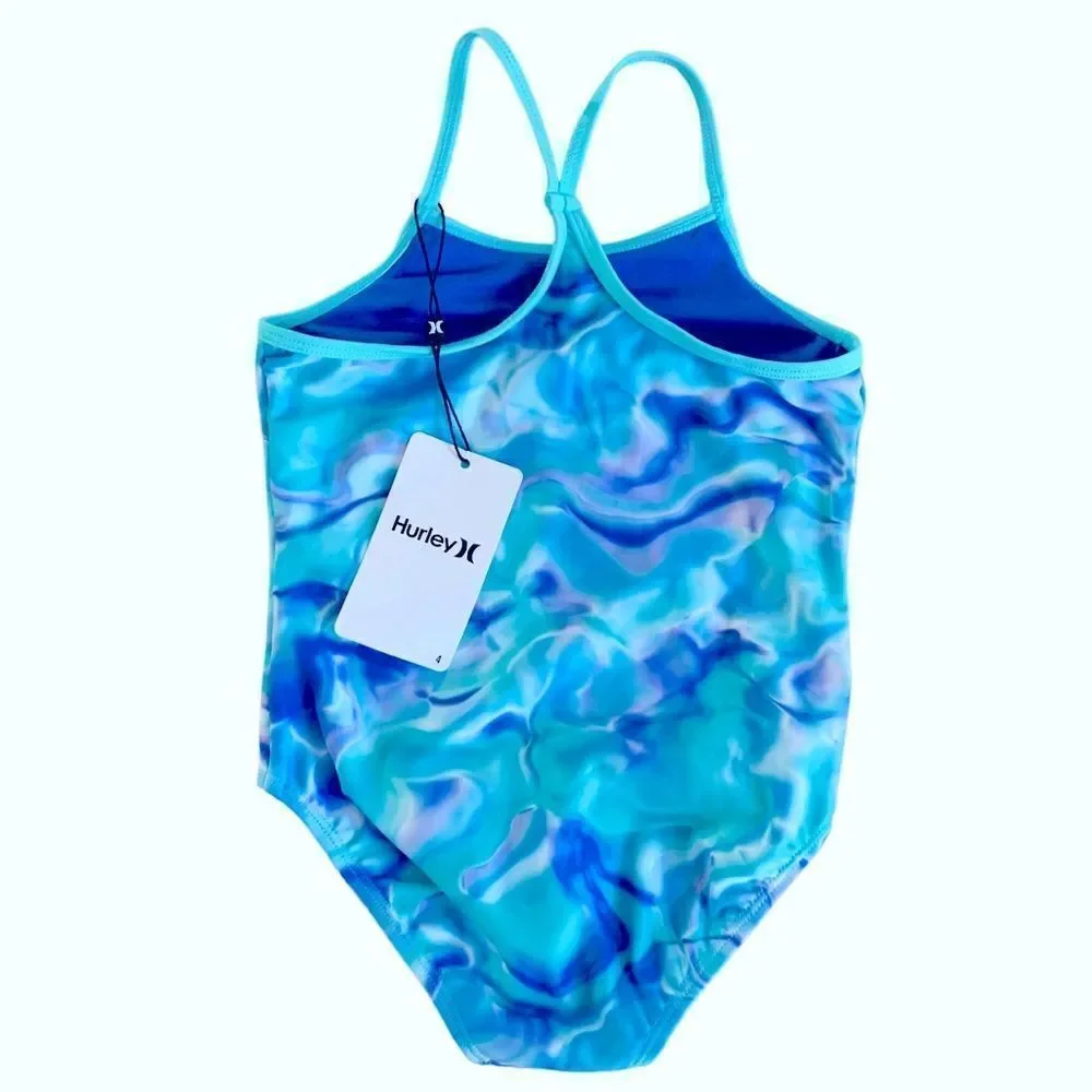Hurley Girl’s UPF 50+ One Piece Quick Dry Blue Tie Dye Swimsuit Size 4 NWT
